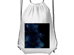 Mochila De Ginástica Infantil Branca, Confortável E Prática. Elegante Estampa Floral Com Flores Azul, Escuras E Detalhes Brilhantes Sobre Fundo Preto