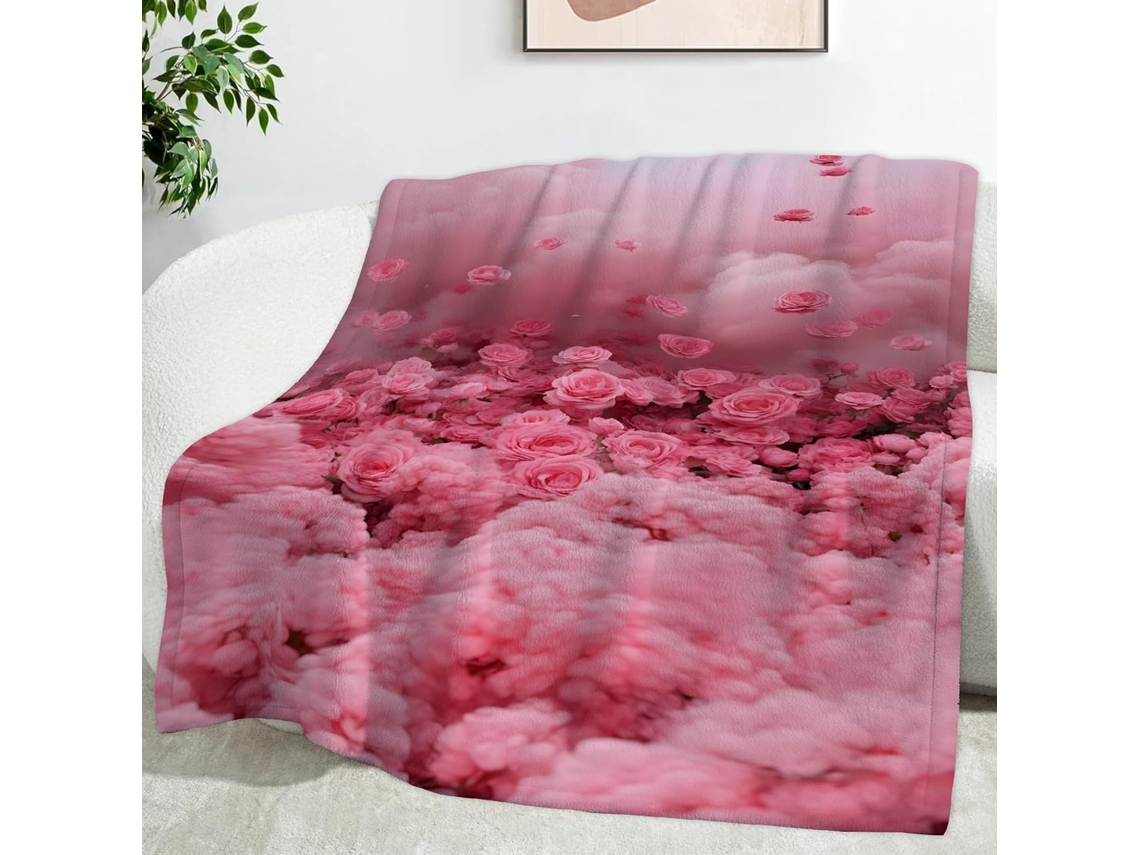 Manta de Rosas Nuvem Rosa 130x150 Cm Multifuncional Macia Confortável em Flanela Ideal para Cama Escritório Co