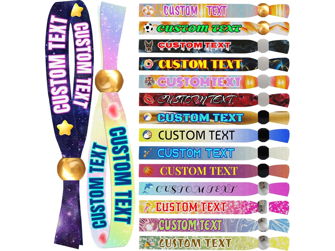 Pulseiras têxteis personalizadas, com texto e logotipo à sua escolha, ideais para eventos, de 5 a 5000 unidades.