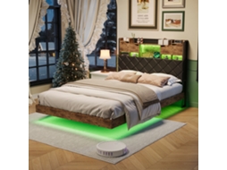 Cama Estofada 160x200 cm com Luzes Led, Duas Tomadas Elétricas e Porta Usb, Cabeceira com Espaço de Arrumação