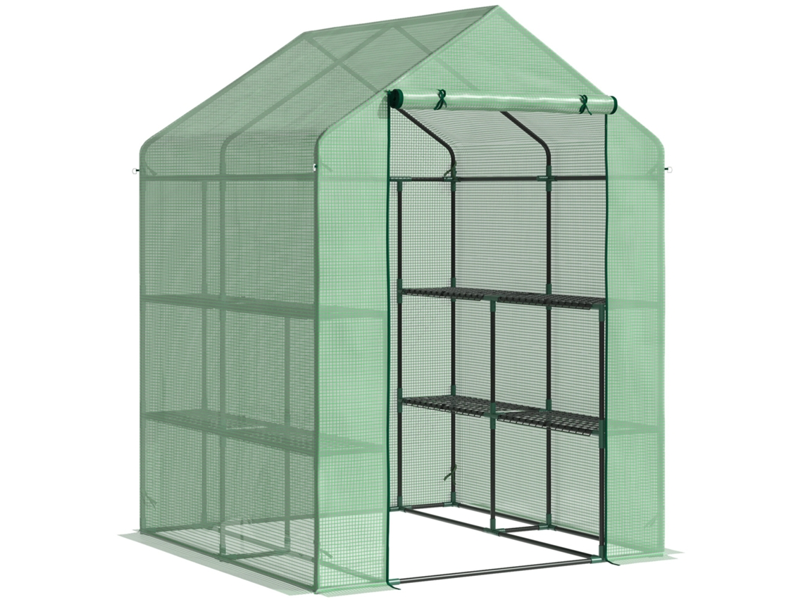 Estufa Casinha BTFORUS externa com 2 níveis, 4 prateleiras, porta enrolável e estrutura de aço 143x138x190cm