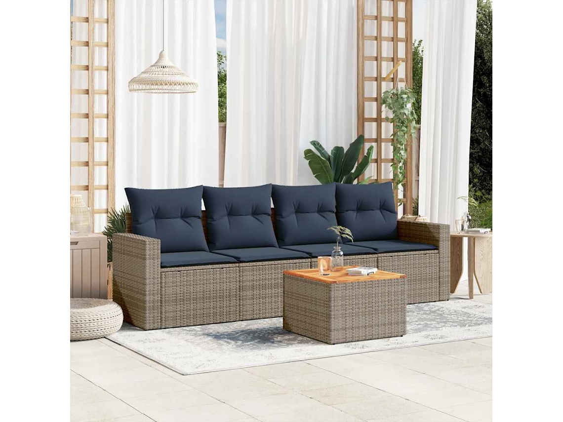 Vidaxl 5 Pcs Conjunto Sofás P/ Jardim C/ Almofadões Vime Pe Cinzento