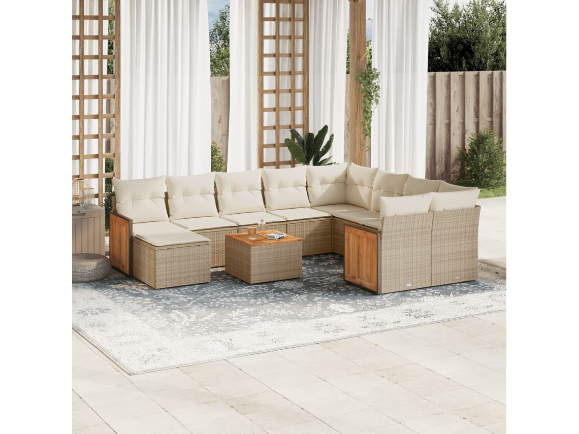 Vidaxl 11 Pcs Conjunto Sofás De Jardim C/ Almofadões Vime Pe Bege