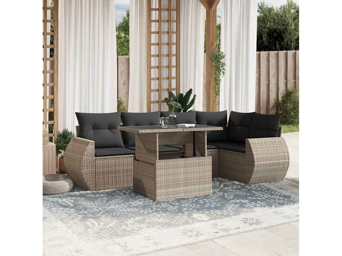 Vidaxl 7 Pcs Conj. Sofás Jardim Com Almofadões Vime Pe Cinzento-claro