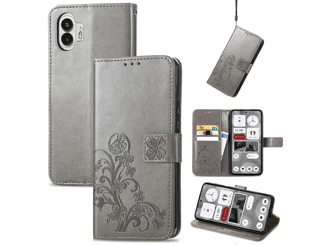 Capa De Couro Para Celular Nothing Phone 2 Com Fecho De Quatro Folhas E Fivela Em Relevo