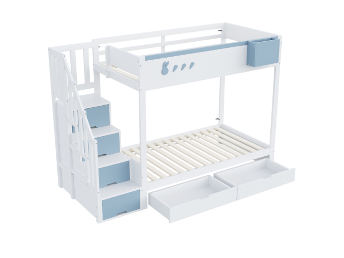 Beliche Infantil, 90*200 Cm,prateleira Removível Para Arrumação, Escada Segura Para Guardar Objetos, Gavetas, Estrado De Ripas,branco + Azul