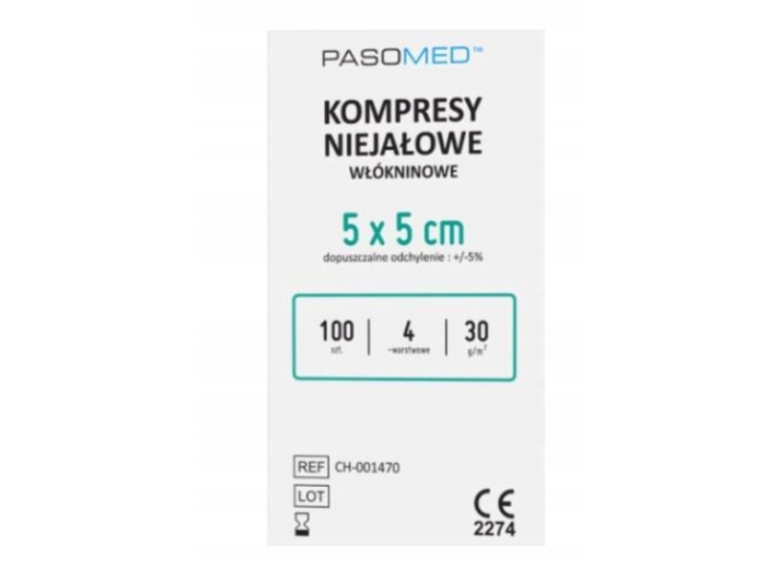 Compressas não tecidas Pasomed, 4 camadas, 30 g/m², 5 x 5 cm, pacote com 100 unidades Paso Trading