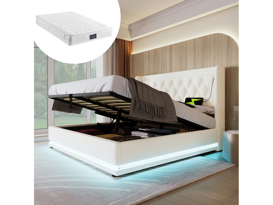 Cama 160x200 Pu Branco com Led Usb c e Colchão