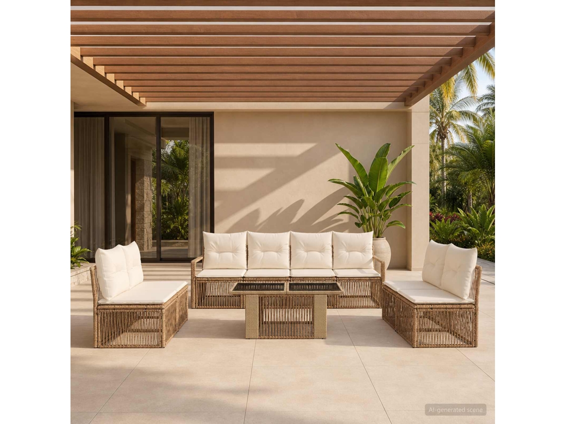Vidaxl Conjunto De Sofá De Jardim 9 Unid. Bege E Branco Creme Vime Pe