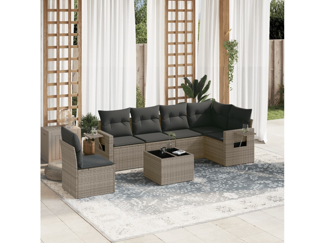 Vidaxl 7 Pcs Conjunto Sofás P/ Jardim C/ Almofadões Vime Pe Cinzento