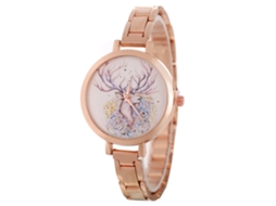 Relógio de Quartzo com Pulseira de Aço Padrão Veado da Sorte Estilo Simples Ouro Rosa