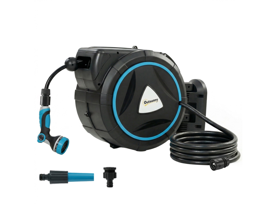 Enrolador de Mangueira de Jardim Automático 23+2m,bobina de Parede com Pistola 10+2 Modos,55x31x50cm Azul