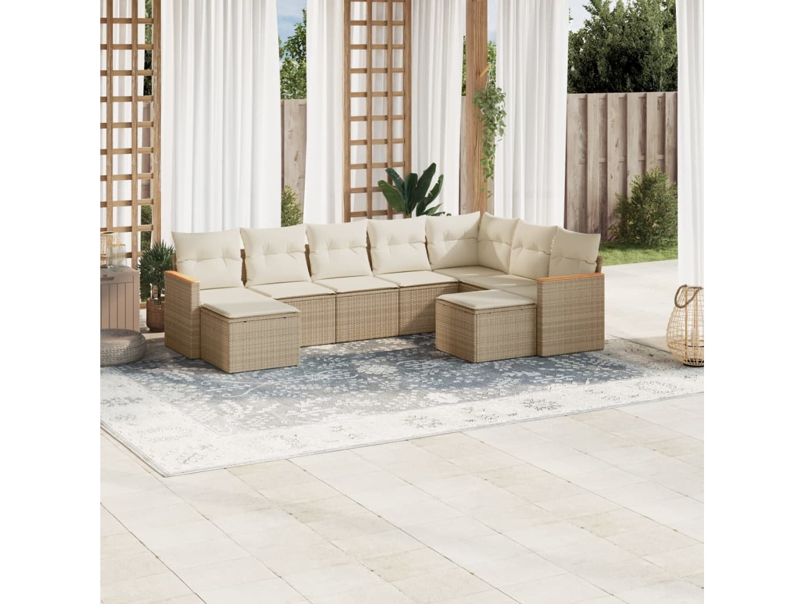 9 Pcs Conjunto De Sofás P/ Jardim Com Almofadões Vime Pe Bege Dkd Home Decor