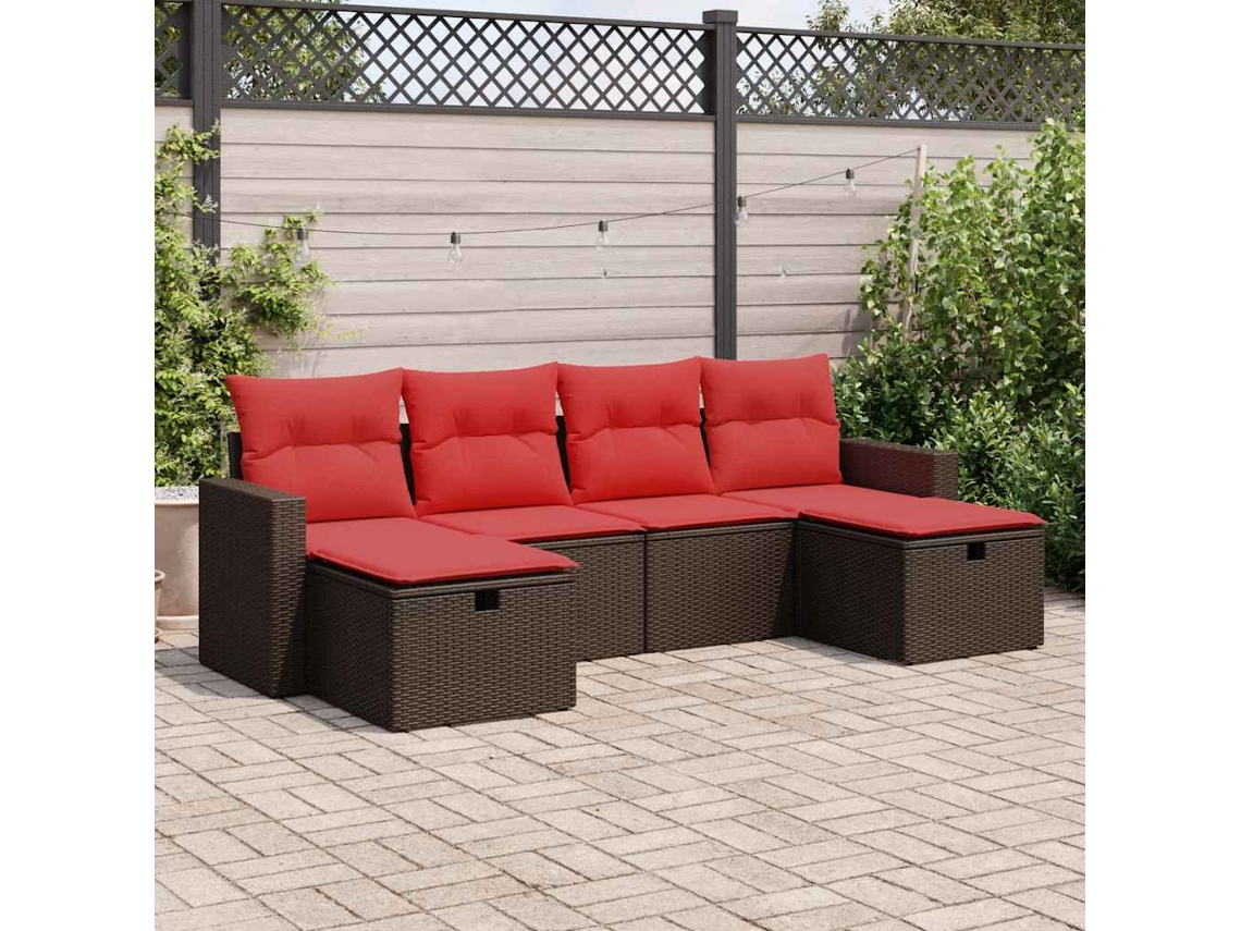 Vidaxl 6 Pcs Conjunto De Sofás Jardim C/ Almofadões Vime Pe Castanho