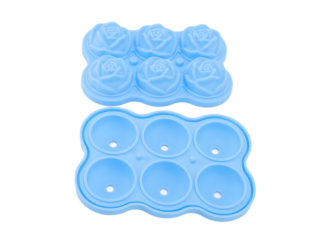 Molde de gelo de silicone Slowmoose, formato de rosa, 6 cubos, sem BPA, com tampa para coquetéis e uísque, azul