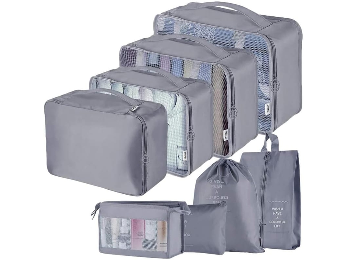 Organizadores De Bagagem 8pcs, Cubos De Viagem Impermeáveis, Compressão, Cinza Escuro