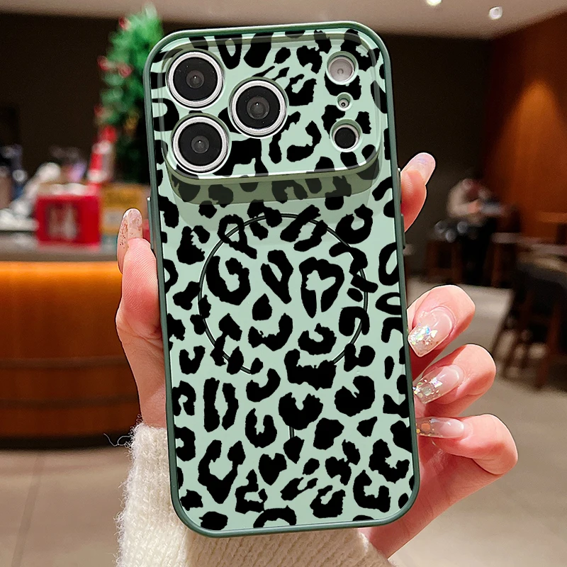 Capa Magnética Para Iphone 16 Pro Max Com Estampa De Leopardo (verde), Resistente A Impactos.