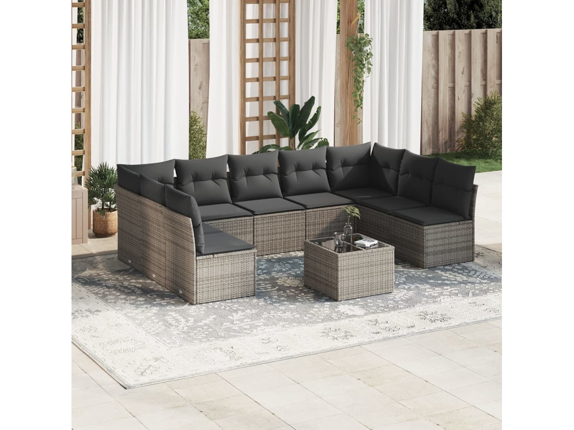 Vidaxl 10 Pcs Conjunto Sofás De Jardim C/ Almofadões Vime Pe Cinzento