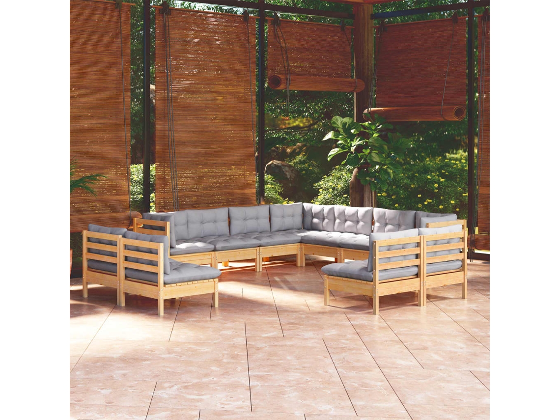 Vidaxl 11pcs Conjunto Lounge De Jardim + Almofadões Cinza Pinho Maciço