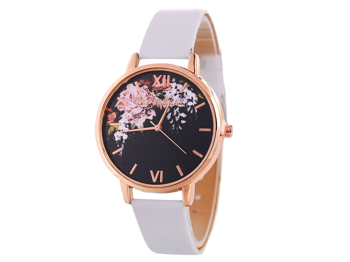 Relógio de Pulso Feminino com Design de Flor e Pulseira de Couro Estilo Moderno Branco