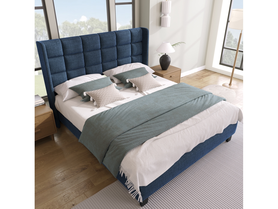 Cama Casal 140x200cm Cabeceira Acolchoada Azul Linho Sem Colchão
