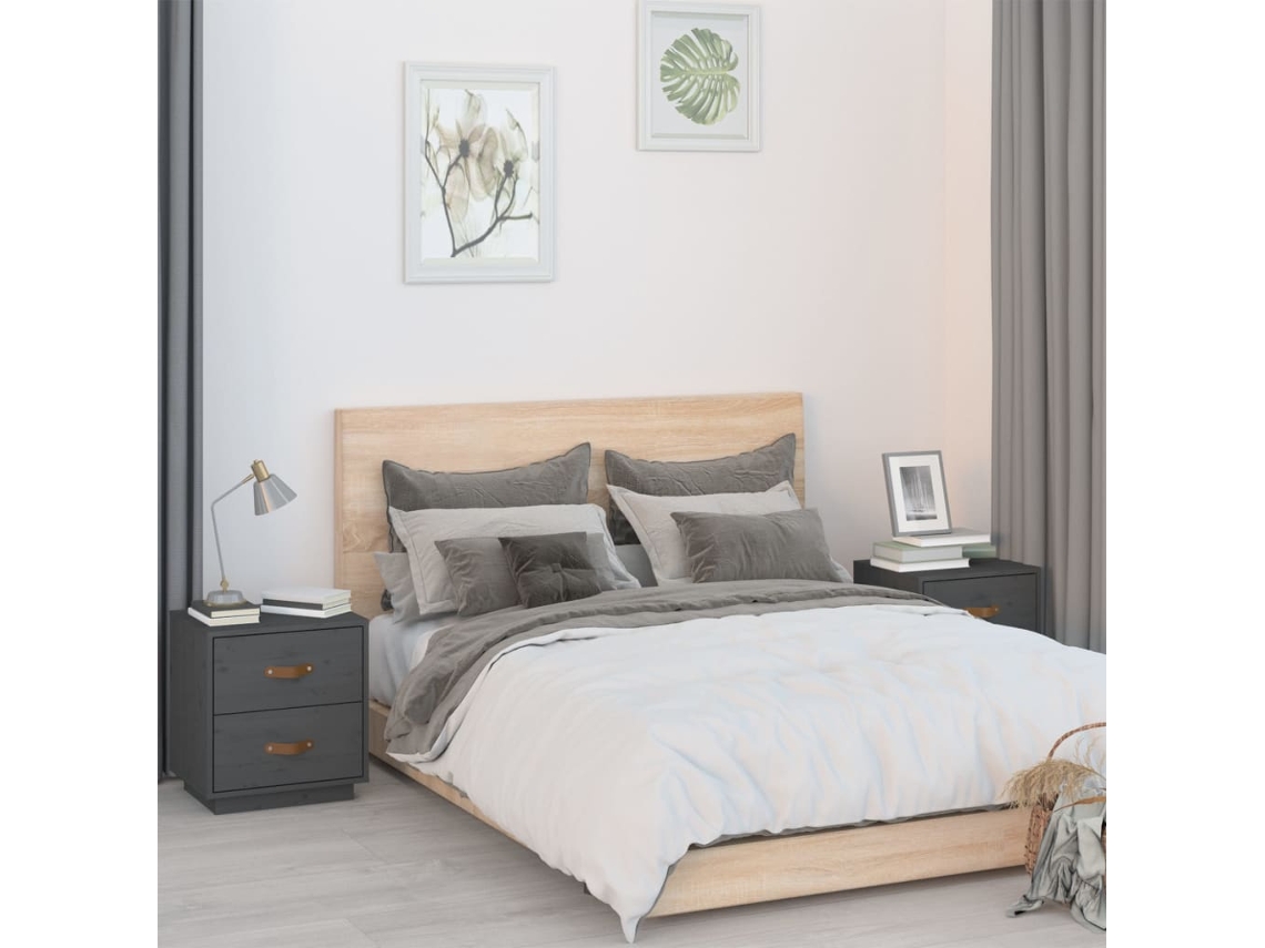 Vidaxl Mesas De Cabeceira 2 Pcs 40x34x45 Cm Pinho Maciço Cinza