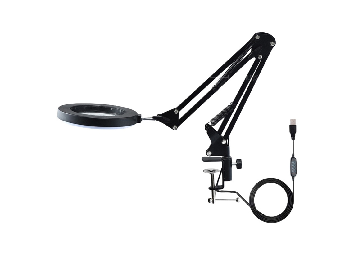Lupa 10x Com Luz Led Braço Flexível Ajustável 3 Cores Lâmpada De Mesa Com Clip Preto