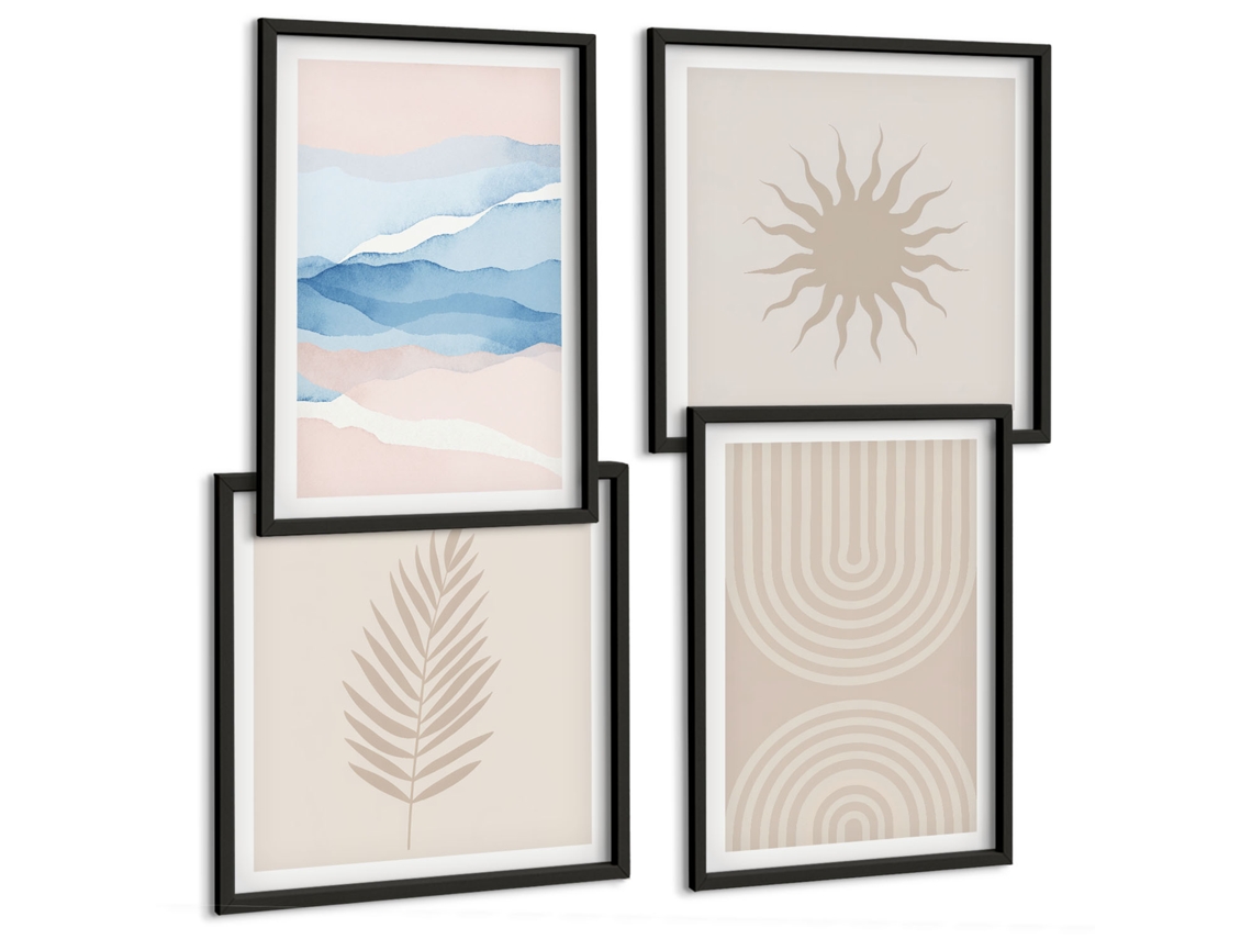 Composição De Quadros Ondas Vegetais Abstratas Espelharte (4 Peças)