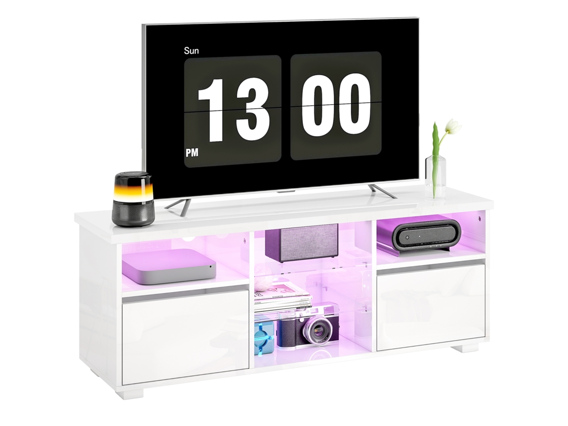 Móvel De Tv 120 Cm Até 55 Polegadas, Iluminação Led Comandada E Prateleiras De Vidro, Branco.