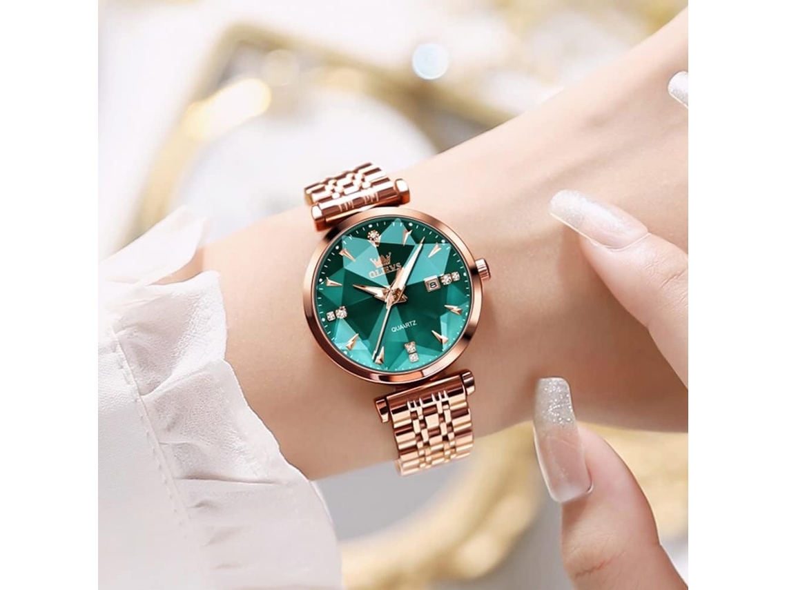Lurelia Relógio Feminino, Movimento De Quartzo, Data/calendário, Luminoso, Aço Inoxidável, Abs, Resistente À Água 30m, Vermelho, Dourado