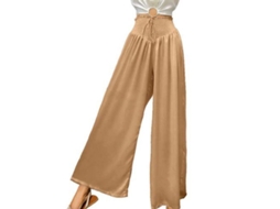 Calça casual de verão Rebe de cintura alta com bolsos elásticos e modelagem fluida, tamanho XL, cor cáqui.