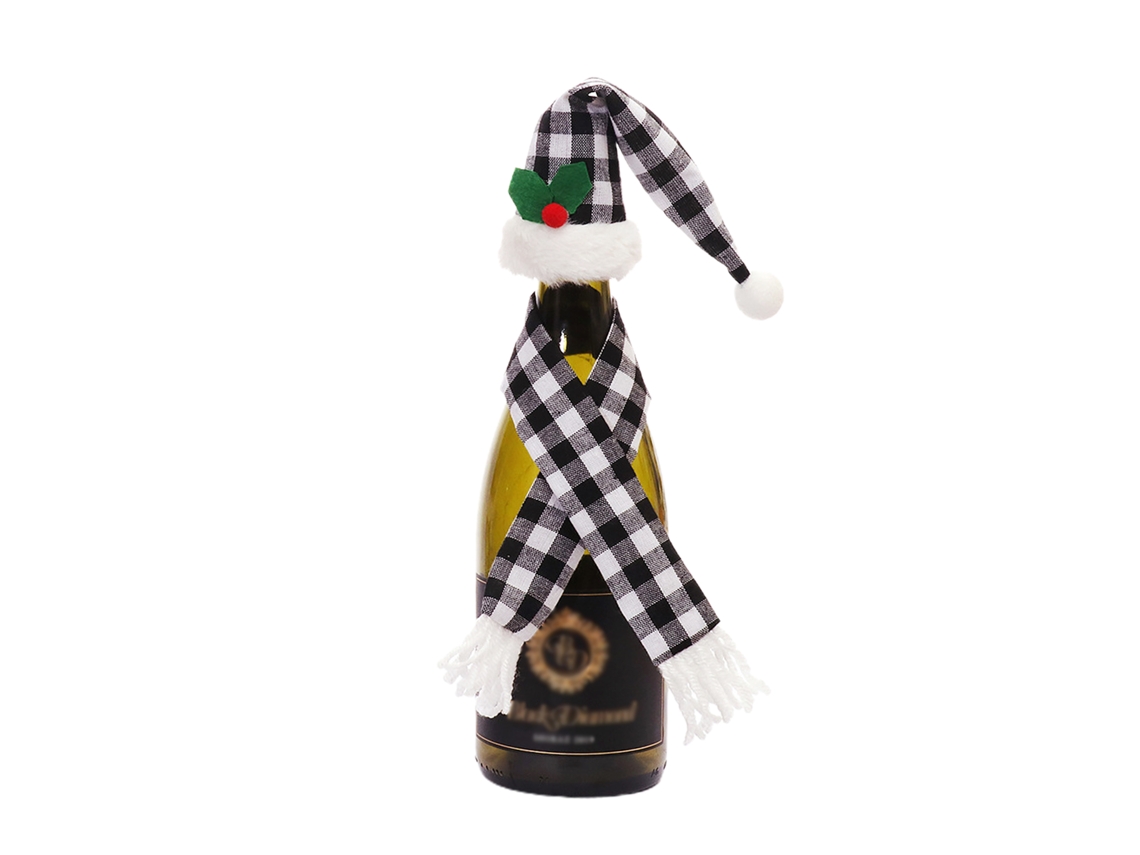 Laxiscreed Pano De Natal Para Garrafa De Vinho Com Gorro E Cachecol Em Estampa Xadrez Preto E Branco