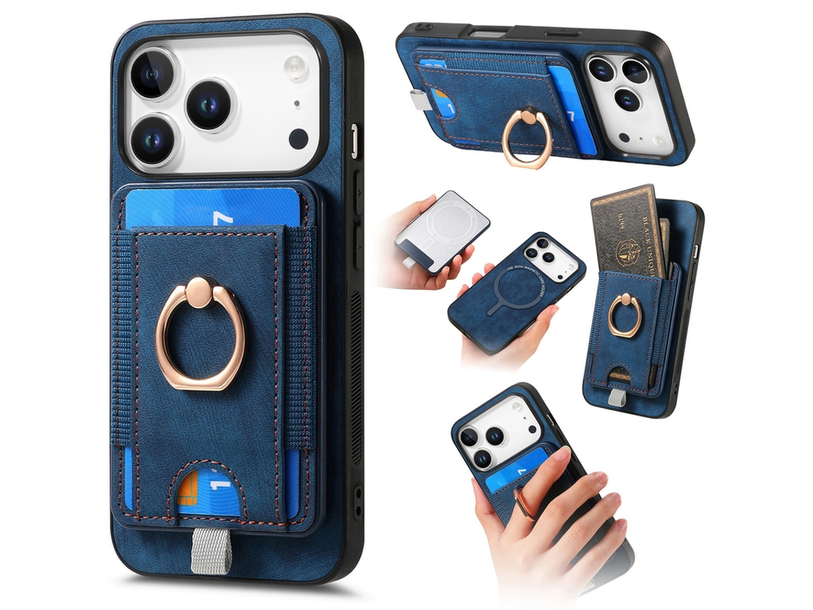 Capa Iphone 17 Pro Max Compartimento De Cartões E Suporte Em Anel Azul Czhhmart