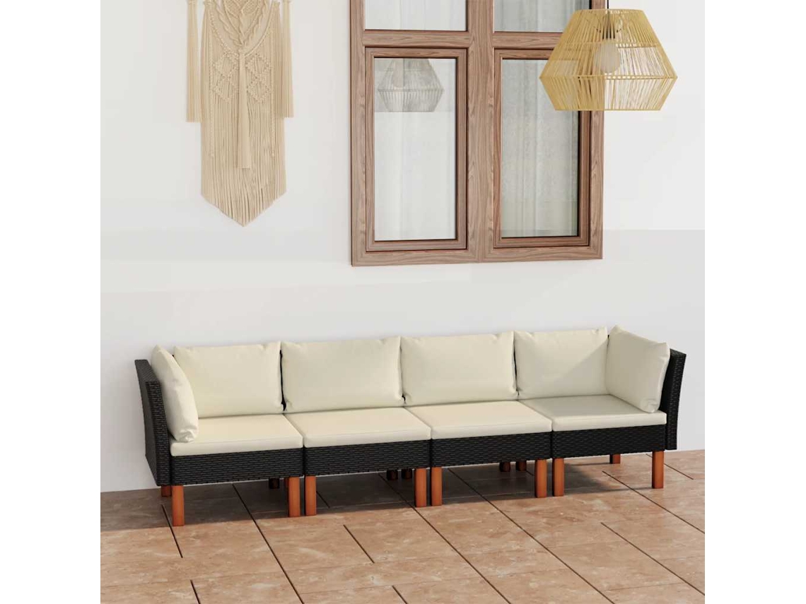 Vidaxl Sofá De Jardim 4 Lugares Com Almofadões Vime Pe Preto