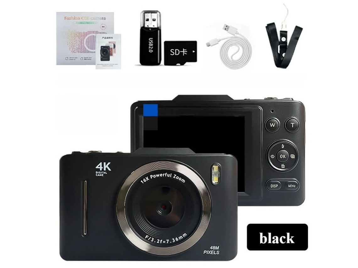 Câmera compacta portátil Yizhood 4K HD, câmera digital, zoom de 16x, 64g, tecido, 28 polegadas, preta