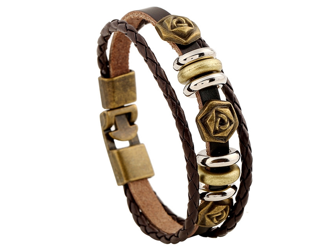 Pulseira De Couro Tricotada Unissex Multicamadas Versátil Com Fecho