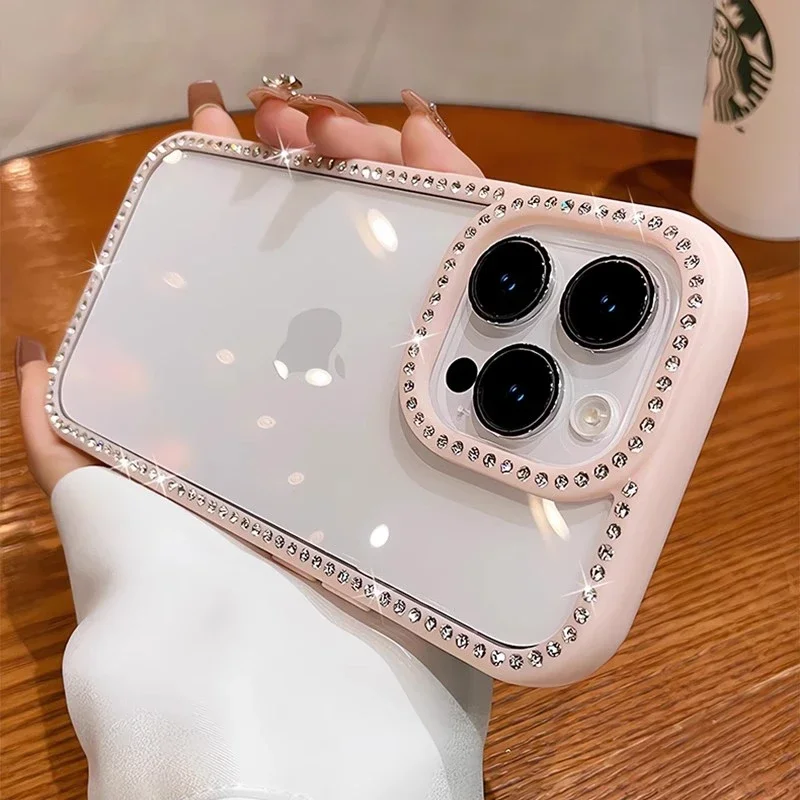 Capa Transparente Para Celular (iphone 13 Pro, Rosa) Com Strass Brilhantes, Proteção Contra Impactos E Estrutura Rígida De Acrílico.