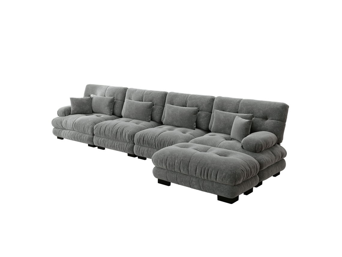 Sofá Modular L 4 Lugares com Pufe em Chenille Cinza PAPRIKA SHOP