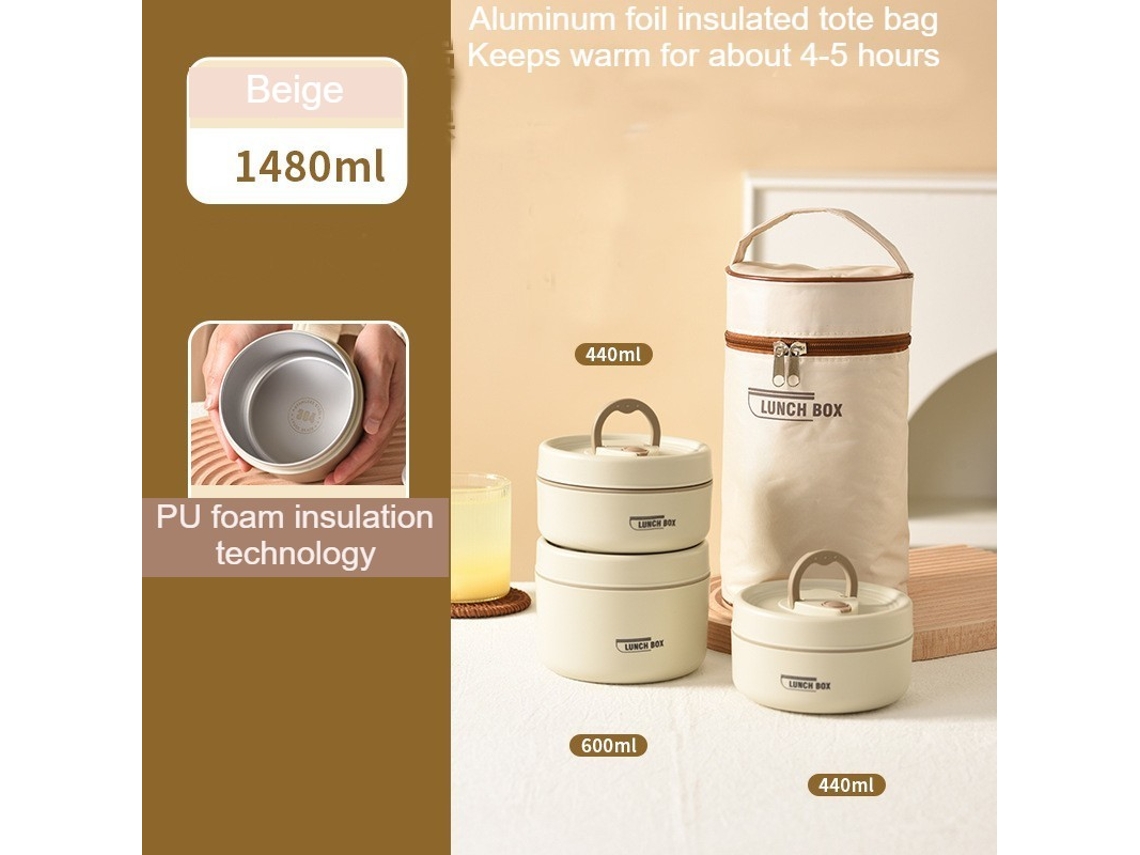 Lancheira Bento À Prova de Vazamentos para Adultos Bege Três Embalagens com Sacos Isolantes-1400Ml LUUCOZK