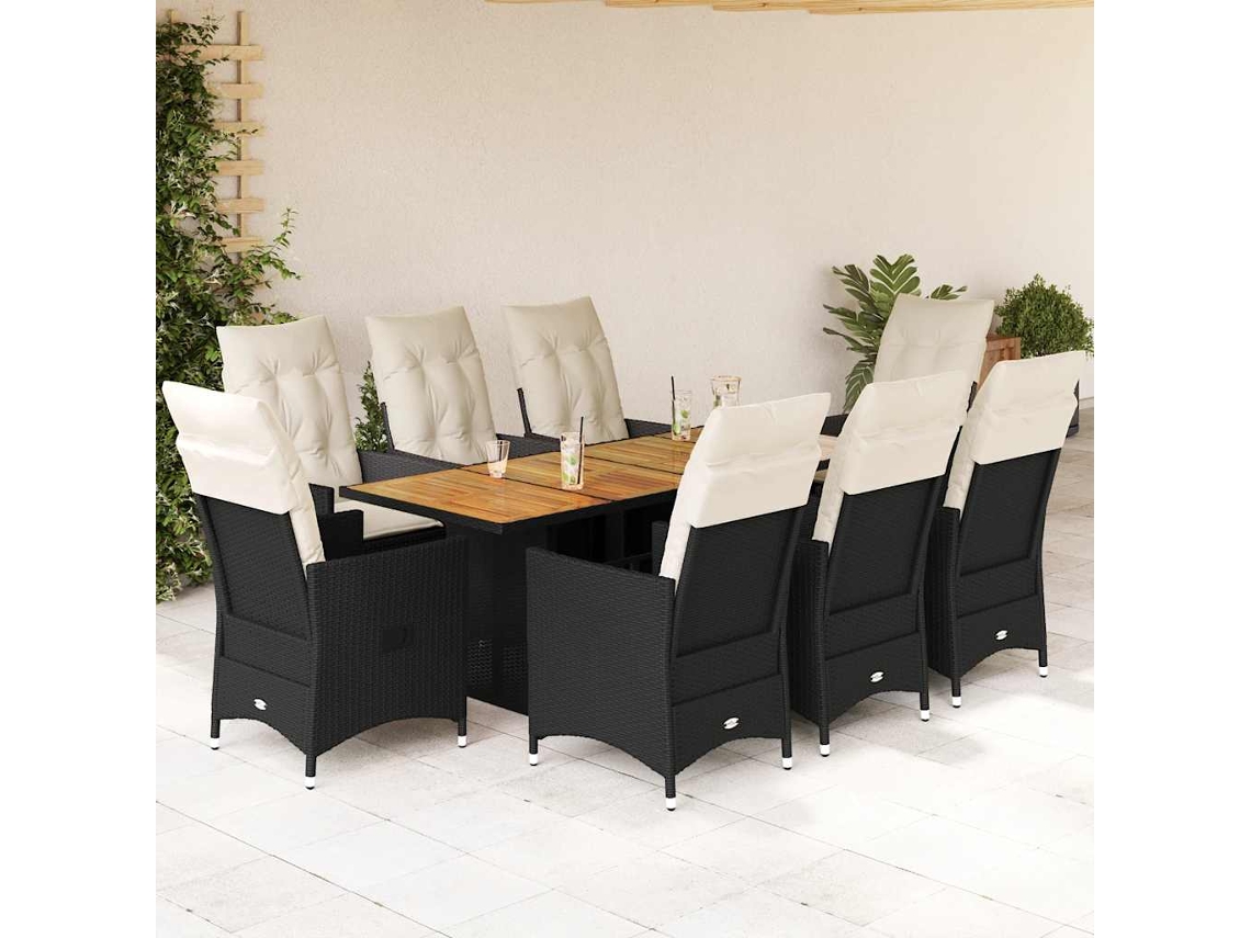Vidaxl 9 Pcs Conjunto de Jantar P/ Jardim C/ Almofadões Vime Pe Preto