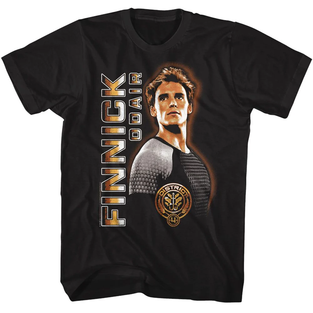 Unisex Adult T-shirt Rockinstone Hunger Games Movie Finnick Vertical Text Black Sizes