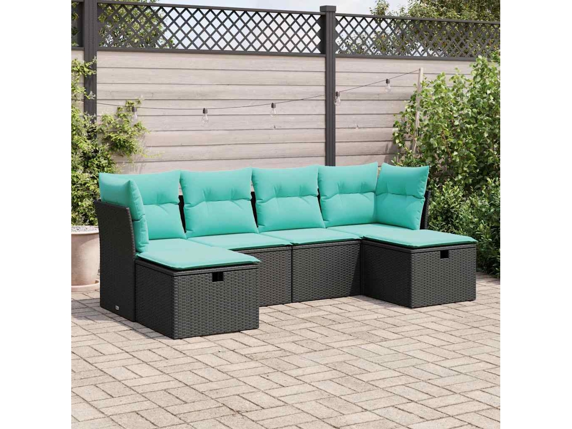 Vidaxl 6 Pcs Conjunto Sofás De Jardim C/ Almofadões Vime Pe Preto