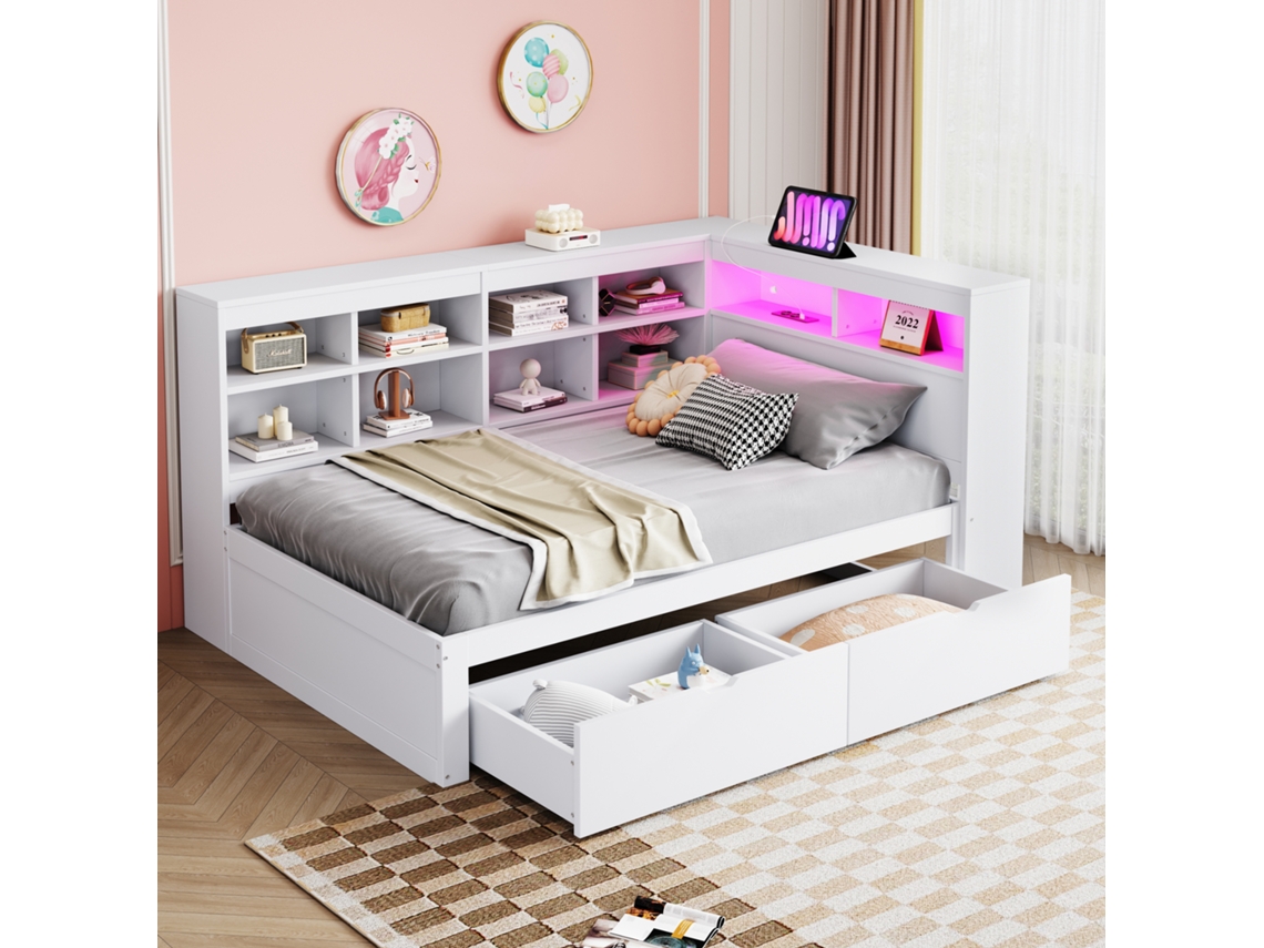 Cama Madeira 90x200 Com Usb, Tomada, Led E Prateleira Branca
