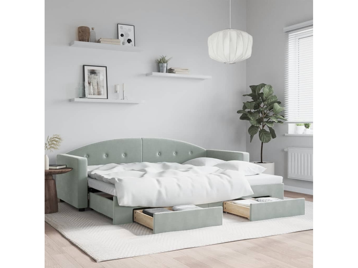 Sofá Cama De Solteiro Com Gavetas Gavetão Lovely Home Madeira Veludo Cinzento (80x200)
