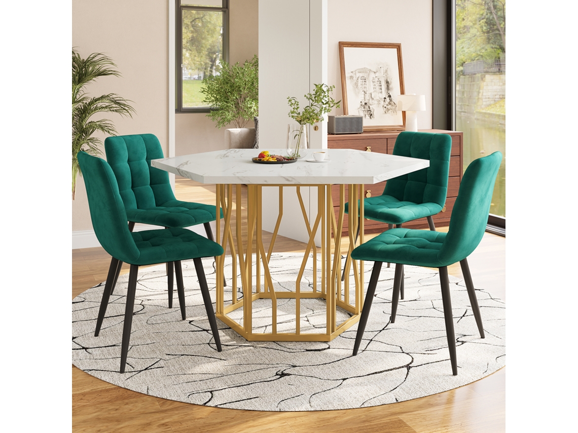 Conjunto De Jantar 5 Peças: Mesa Hexagonal Moderna Em Mármore Com Pés Dourados + 4 Cadeiras Em Veludo Verde.