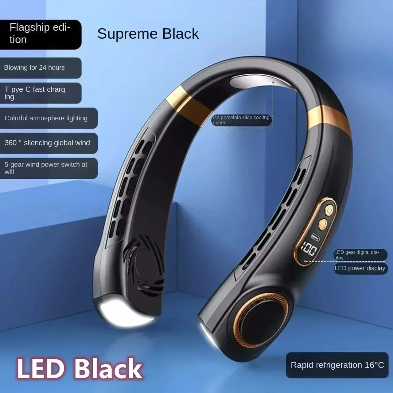(led Preto) Ventilador De Pescoço Usb De 8000mah, Portátil, Sem Hélices, Mini, Recarregável, Silencioso