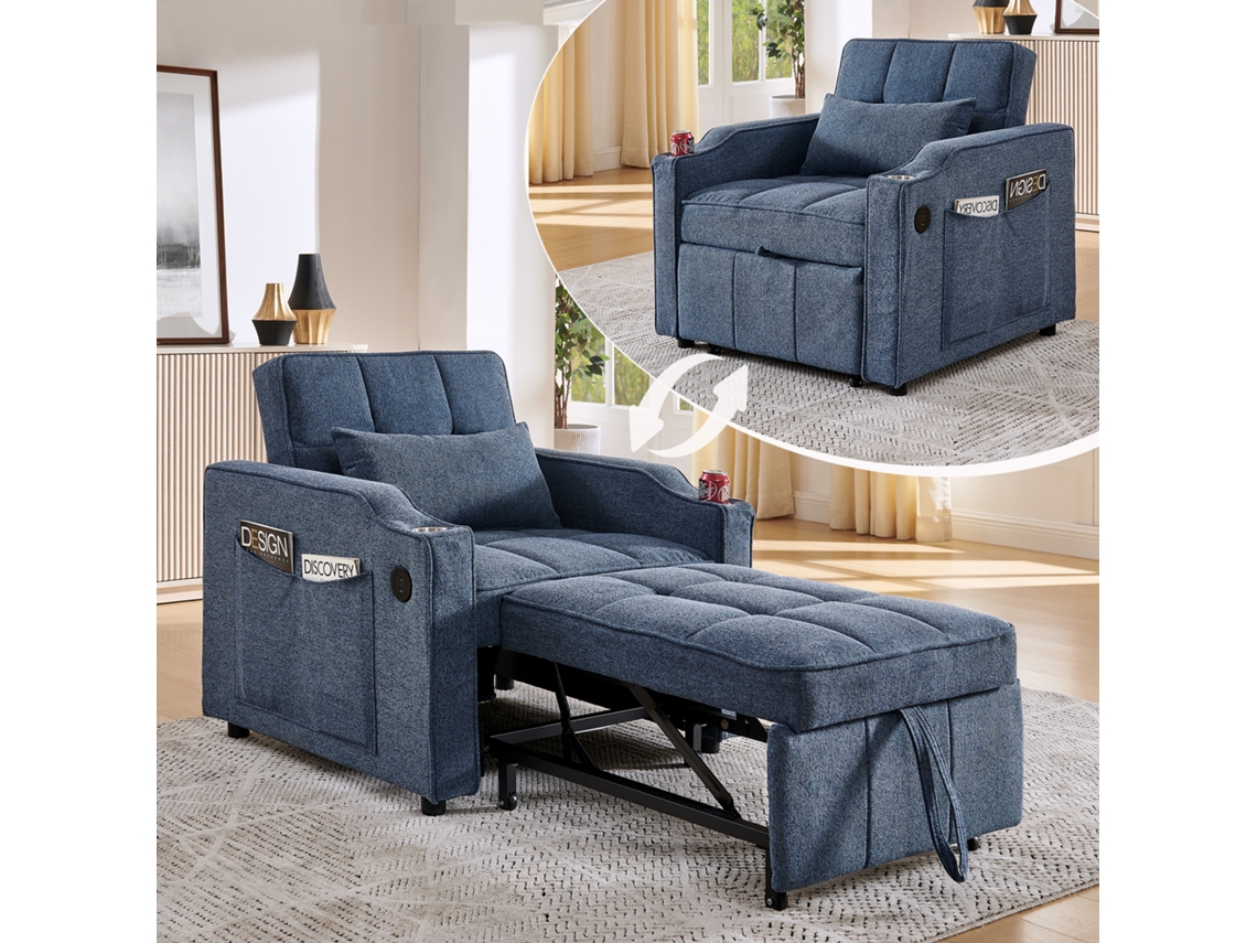 Sofá-cama De 1 Lugar - Mecanismo Deslizante, Porta Usb, Estilo Luxuoso E Elegante - Azul-marinho