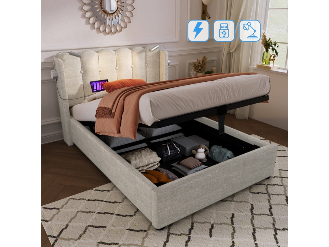 Cama Solteiro 90x200 Com Luz Leitura Usb Armazenamento Linho Sem Colchão