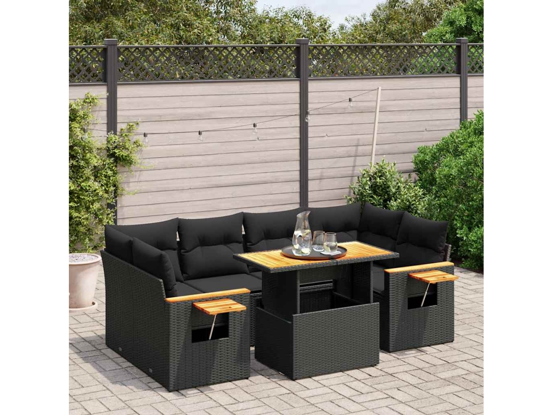 Vidaxl 7 Pcs Conjunto De Sofás P/ Jardim C/ Almofadões Vime Pe Preto