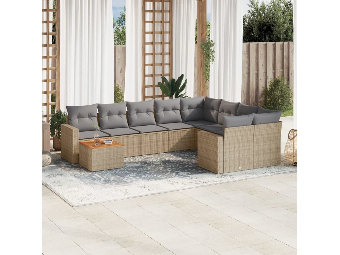 Vidaxl 10 Pcs Conjunto de Sofás P/ Jardim com Almofadões Vime Pe Bege